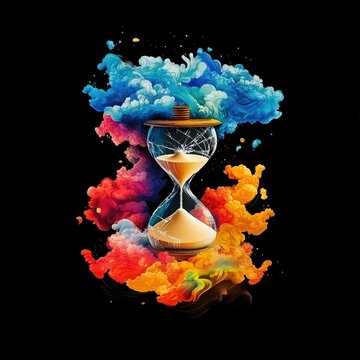 Fototapeta Surreal hourglass with vibrant colorful smoke swirls on black background