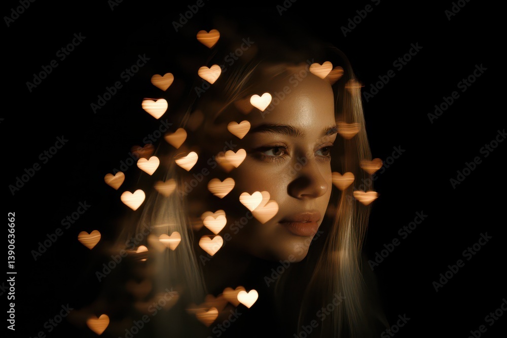 Poster hearts in random motion create a dreamy effect around a young woman's silhouette against a dark back