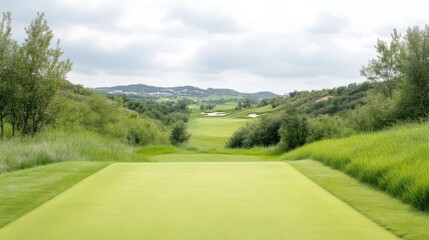Scenic golf course fairway with lush green grass and rolling hills