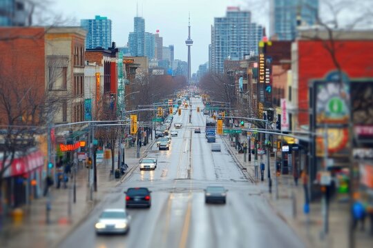 Busy Bloor Street in Toronto on a rainy day with the CN Tower in the distance, Defocused view of Bloor Street in Toronto, Ontario - Powered by Adobe