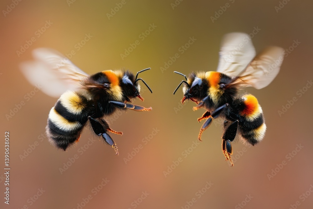 Poster funny bees engaged in a playful confrontation while flying in slow motion in nature, funny bees conf