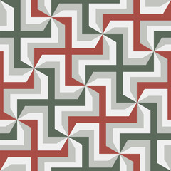 Abstract design in ceramic tile style with geometric red, white, and green shapes arranged in a cross pattern. Seamless repeating pattern. Vector illustration.