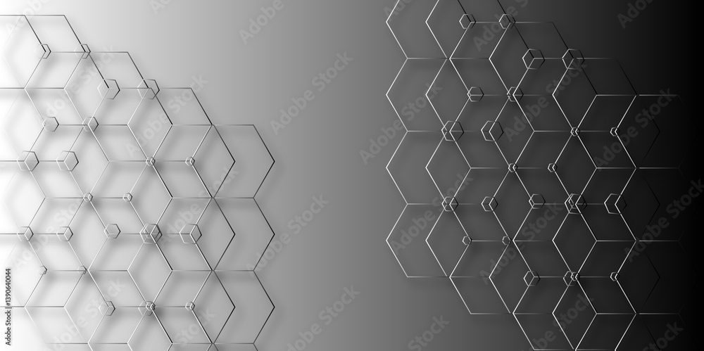 Poster luxury hexagonal abstract black metal background with golden light lines. dark 3d geometric texture 