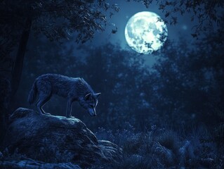Obraz premium Gray wolf howling under full moon in dark forest - nocturnal wildlife scene