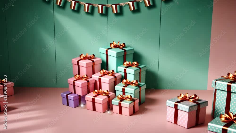 Poster A stack of boxes with bows on them. The boxes are pink, green, and blue. There are many boxes in the stack
