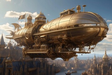 Steampunk Airship Floating Over a Victorian City