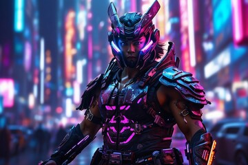 Futuristic Neon Samurai in Cyberpunk City