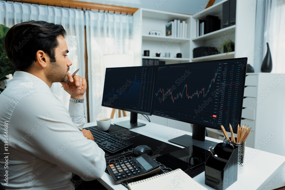 Poster smart trader businessman analyzing in two dynamic stock exchange investment screen on pc with invest