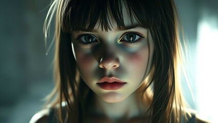 Portrait close-up of a beautiful girl with green eyes 