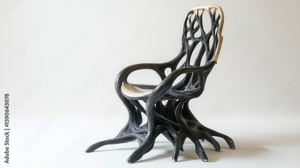 Poster a unique artistic chair resembling a tree with intricate details