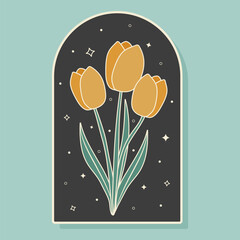 A bouquet of tulips painted in vintage colors in an arch frame