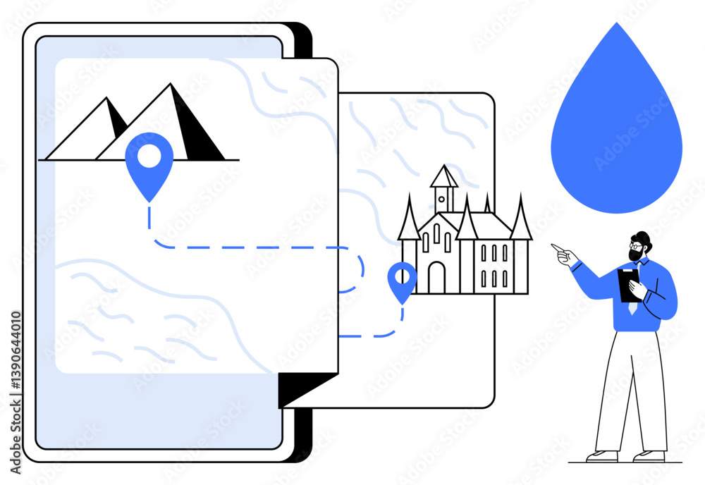 Poster open digital map linking mountain and castle via route with location markers, guide pointing towards