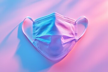 Close-up of blue and pink medical face mask with textured surface on vibrant gradient background