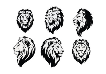 Lion silhouette icons - Set of six lion head designs for wildlife, animal, and nature-themed graphics