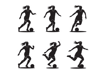Female soccer silhouette icons - Set of six soccer action poses for athletic and sports branding