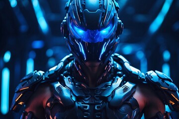 Cybernetic Warrior in Futuristic Battle Arena
