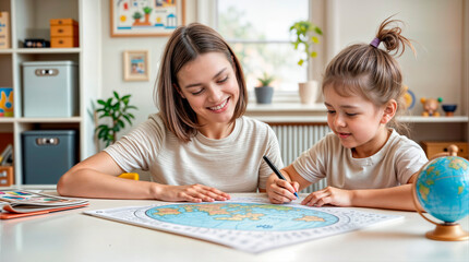 Fototapeta premium Happy family. Beautiful little girl and mother drawing a picture of the globe. Earth day, plastic free and zero waste concept.