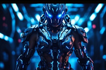 Cybernetic Warrior in Futuristic Battle Arena