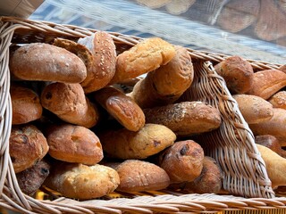 Bread baked baguettes and buns in the bakery.