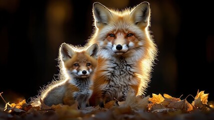 Naklejka premium Red fox and kit in autumnal setting