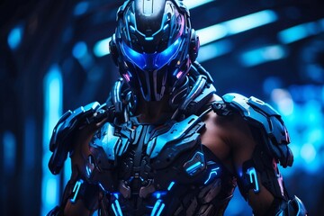 Cybernetic Warrior in Futuristic Battle Arena