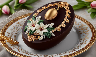 A feast in the form of Easter symbols made of bitter, white and milk chocolate with food-grade gold trim. The concept of a happy holiday.