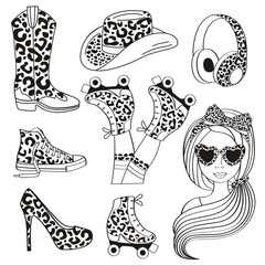 set of isolated outline girl, leopard shoes,  cowboy hat, headphones © nataka