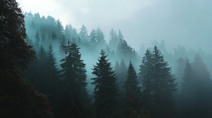 Serene Foggy Forest Landscape Capturing Early Morning Mist and Sunlight