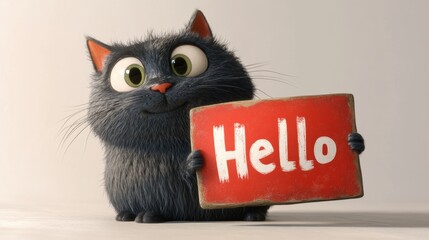 Cute Cartoon Cat Holding a "Hello" Sign with Big Eyes
