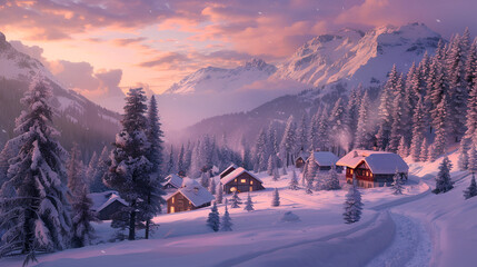 Fototapeta premium A snowy village nestled in a valley surrounded by mountains and evergreen trees at sunset scene .