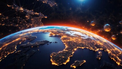 A view of Earth from space at night with illuminated cities connected by bright orange lines representing data connections and network activity.