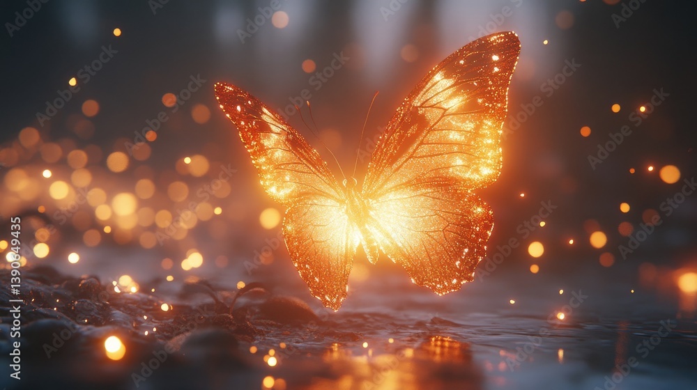 Poster glowing butterfly illuminated by soft light amidst a serene forest background with sparkles