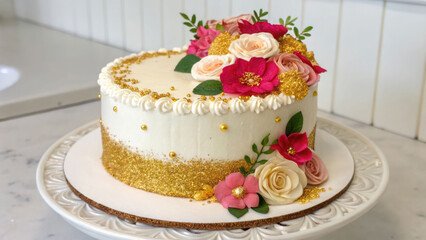 "Birthday cake with gold glitter, white icing, and decorative floral elements"
