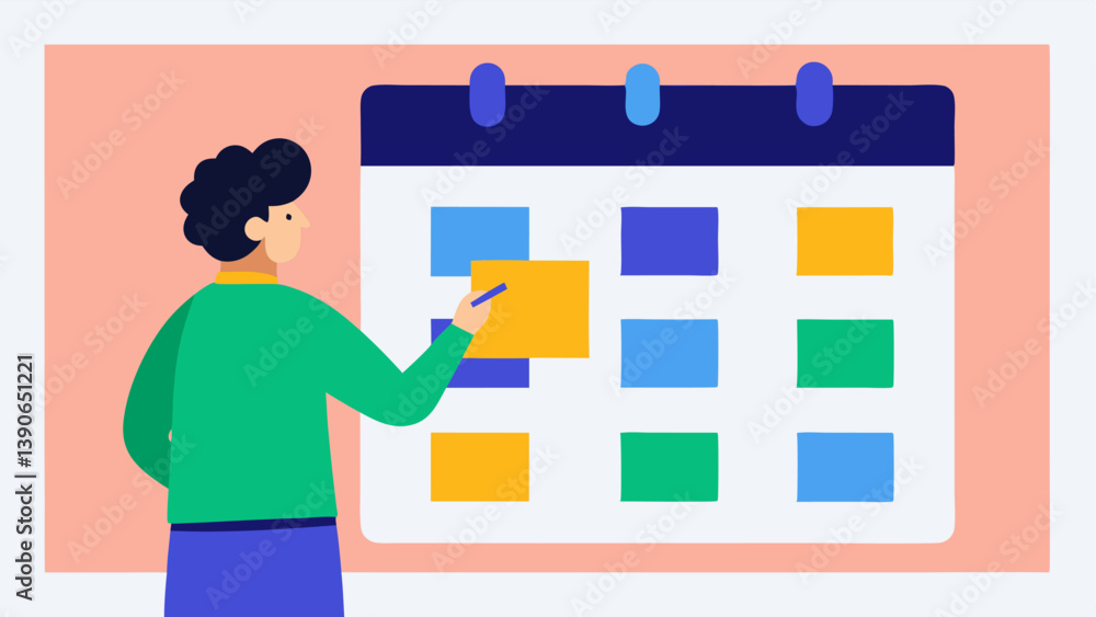 Aufkleber content calendar an illustration of a content strategist reviewing a colorful content calendar on a 
