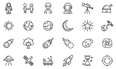 Clean outline icon set for space and astronomy topics. Fully editable stroke icons for universal use