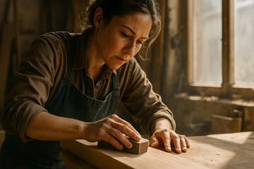 Focused Woman Carpenter Sanding Wood Plank in Dusty Workshop