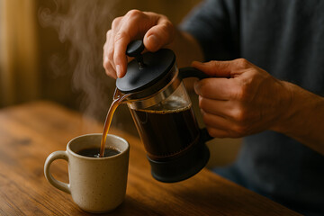 Pouring Hot Coffee from French Press into Mug