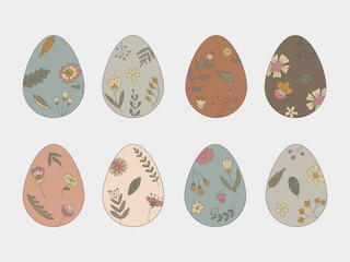 Happy Easter. Set of Easter eggs with different textures on white background. Spring holiday. Hand drawn vector illustration, eggs with flowers.