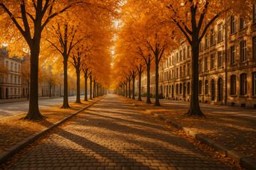 Golden Autumn Alley: City Street Lined with Orange Trees