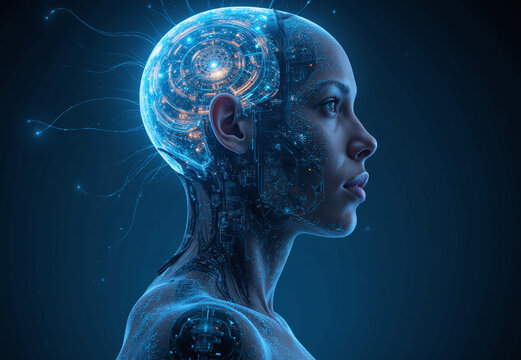 a humanoid figure with a visible, glowing technological brain structure. Intricate circuitry and light patterns suggest artificial intelligence and advanced technology