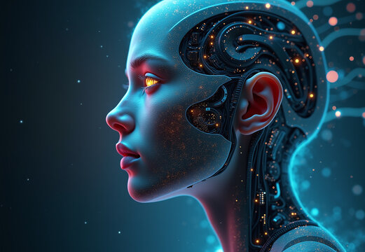 Profile view of a futuristic humanoid with visible internal technology. Glowing blue circuitry and orange light emanate from within the head and body. Represents artificial intelligence, advanced robo