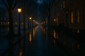 Foggy Night Street Illuminated by Vintage Lampposts