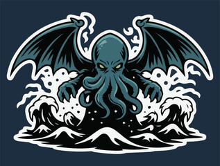 A sticker with the image of the god Cthulhu walking on the sea on a black isolated background. Vector graphics. EPS.