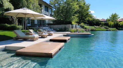 Fototapeta premium Serene Luxury Poolside Retreat with Sun Loungers and Umbrellas Surrounded by Lush Greenery and Clear Water