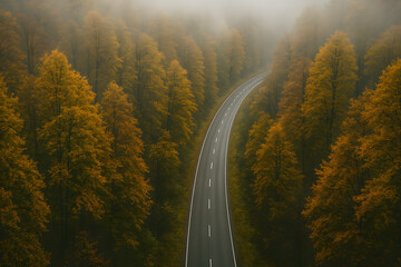 Aerial View of Winding Road Through Foggy Golden Autumn Forest