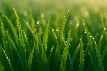 Vibrant Green Grass Covered in Morning Dew Droplets
