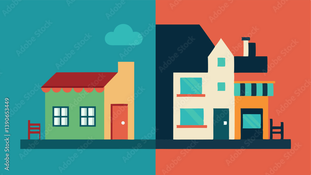 Poster before and after blocks a split illustration showing a neighborhood before gentrification with small