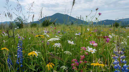 Colorful wildflower meadow with distant mountain under a cloudy sky in the countryside view scene .