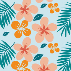 Obraz premium Seamless Tropical Pattern with Peach Flowers and Teal Leaves on Blue