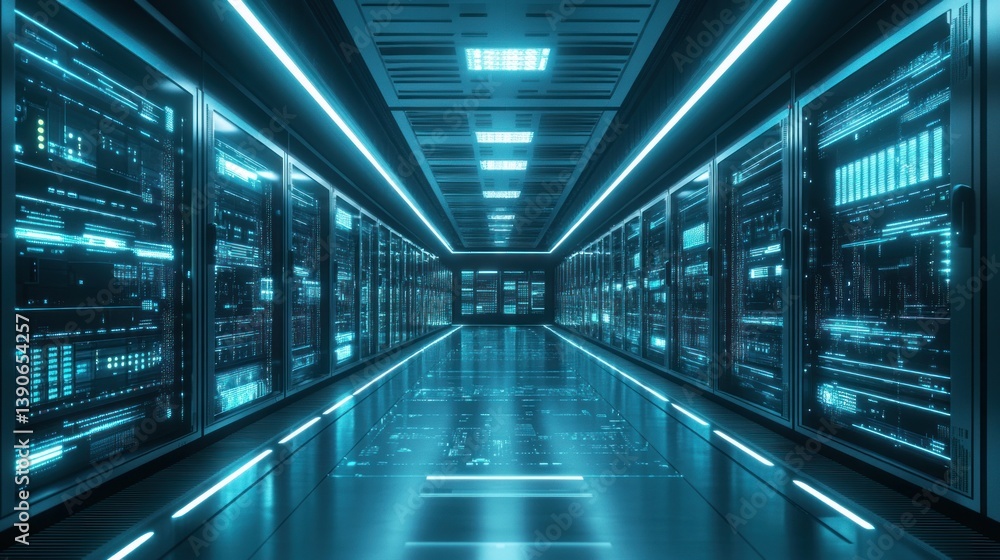 Poster futuristic server room with illuminated displays and racks.
